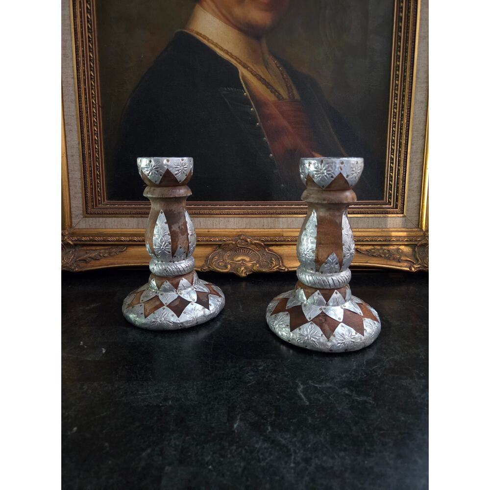 Pair 7" Vintage Turned Wood & Stamped Aluminum Candlesticks Bohemian 1960s